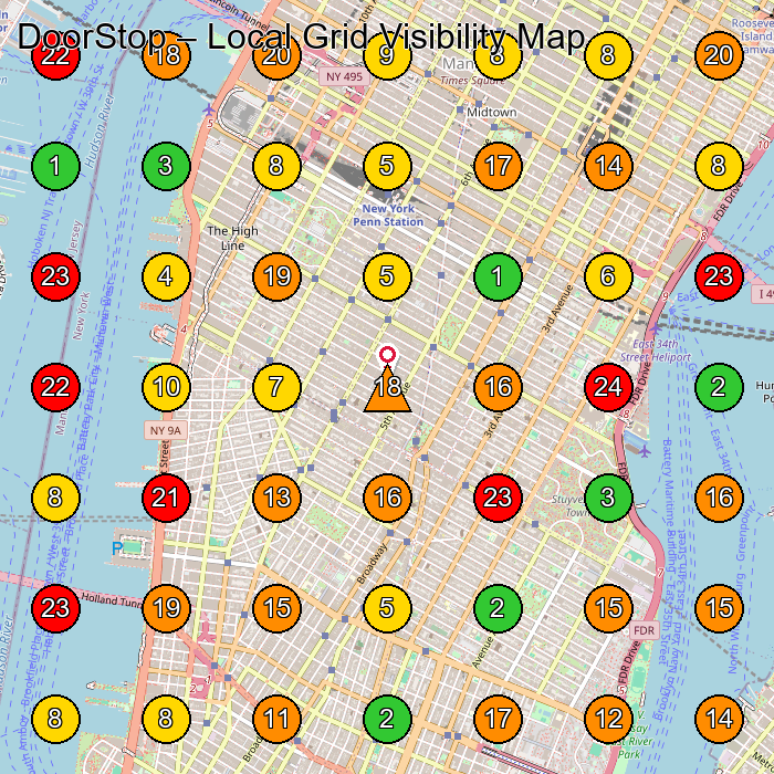 DoorStop Door Supplier GeoGrid ranking map for New York NY